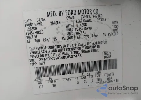 2008 Ford Edge Limited из США, поврежденный, VIN 2FMDK39C48BB07438